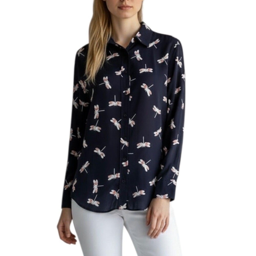 Brina & Em Women's Button Down Shirt Dragonfly Print Long Sleeve Size S Navy